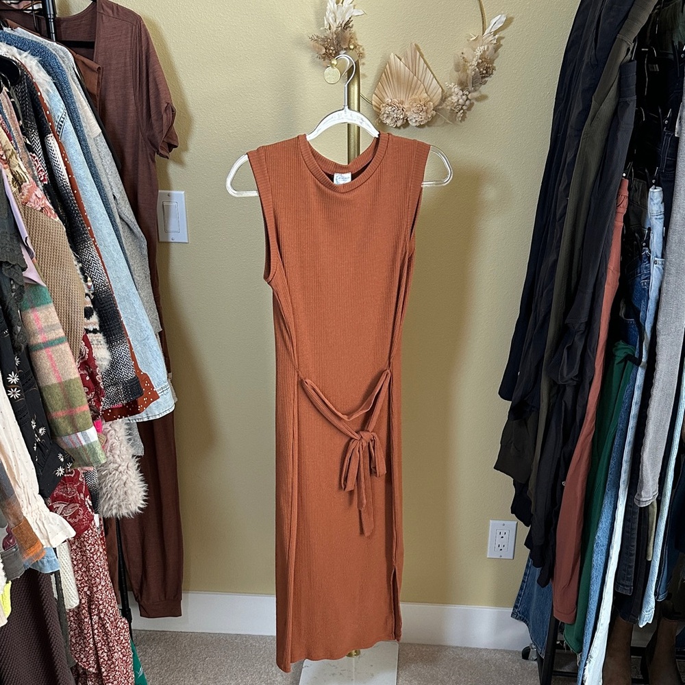 128. Blue Rain Rust Sleeveless Tie-Waist Midi Dress